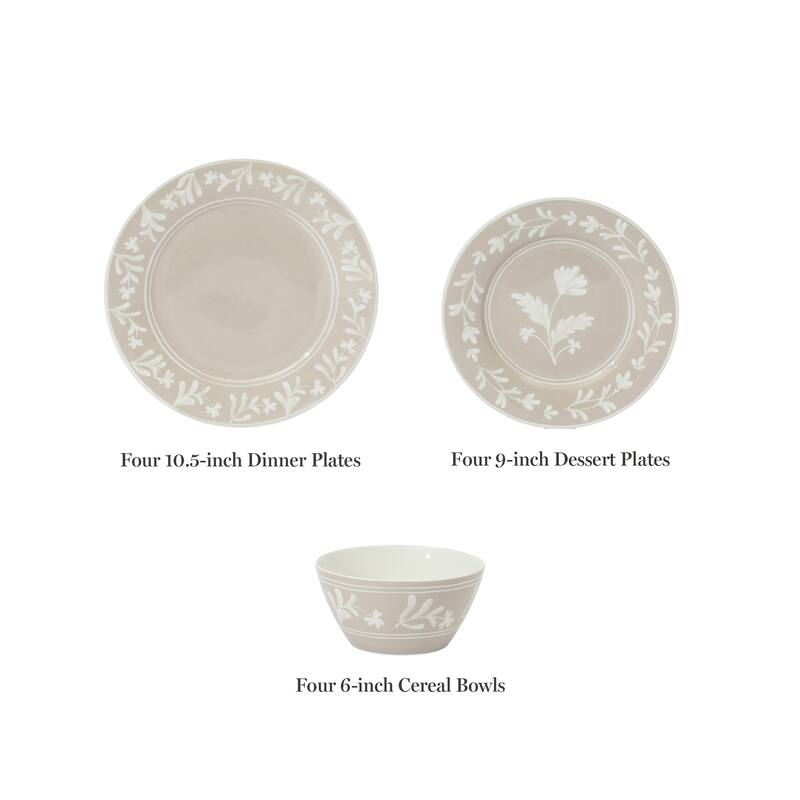 Martha Stewart Maiden Crown 12-Piece Dinnerware Set - Vegan Bone China Ceramic Plates & Bowls - Floral Design - Service for 4