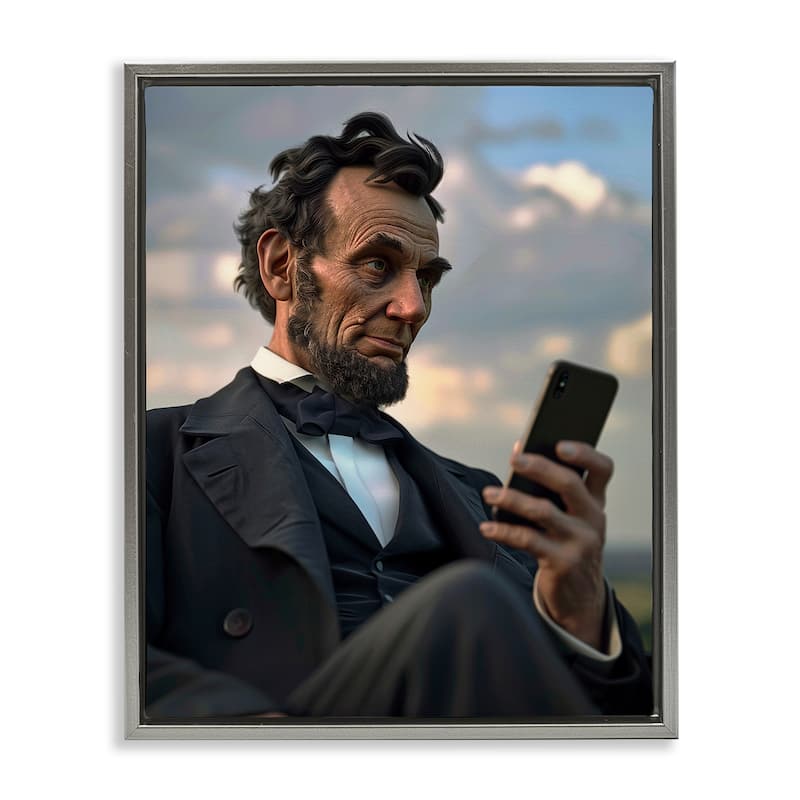 Stupell Abe Lincoln with Cellphone Framed Floater Canvas Wall Art Design By Michael McKinney - 17 x 21 - Grey
