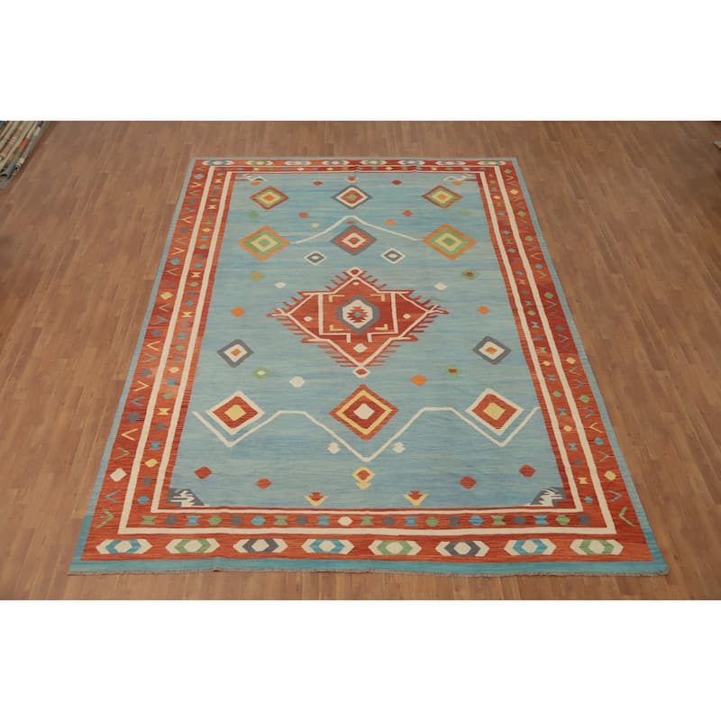 Hand Woven Oriental 100% Wool Carpet Southwestern Tribal Navy Blue & Blues Kilim Area Rug - 13' 4'' X 9' 11''