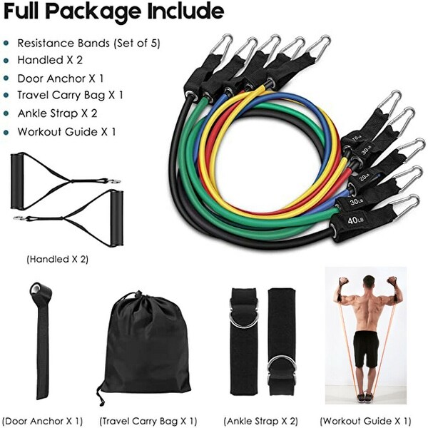 Resistance Bands Set,11Pcs Elastic Workout Exercise Bands with Handle Door Anchor Ankle Straps Carry Bag for Home Gym Yoga Exercise Fitness（150lbs）