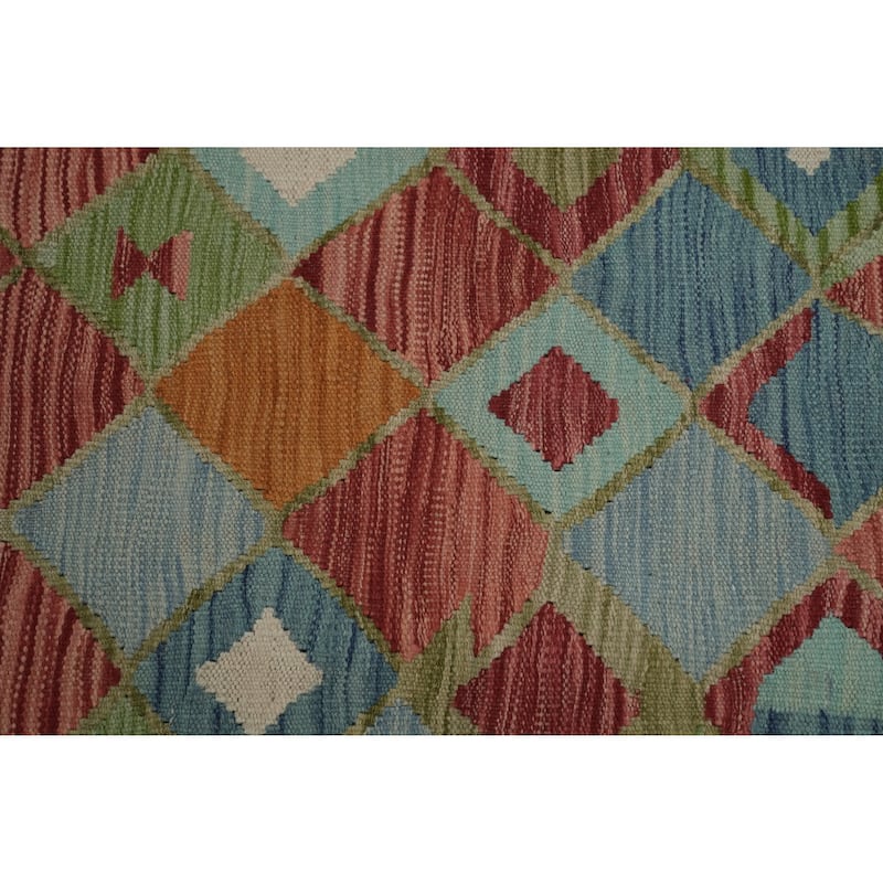 Hand Woven Oriental 100% Wool Carpet Southwestern Modern Multi-Colored Kilim Runner Rug - 11' 7'' X 2' 7''