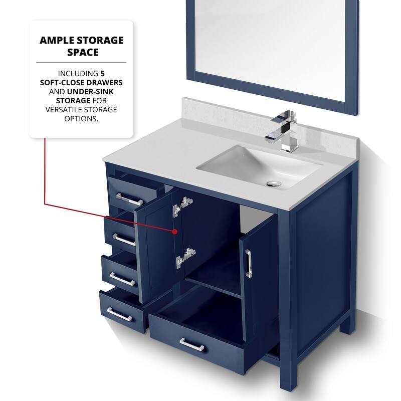 Jacques 36 in. W x 22 in. D Right Offset White Bath Vanity, Cultured Marble Top, Faucet Set, and 34 in. Mirror