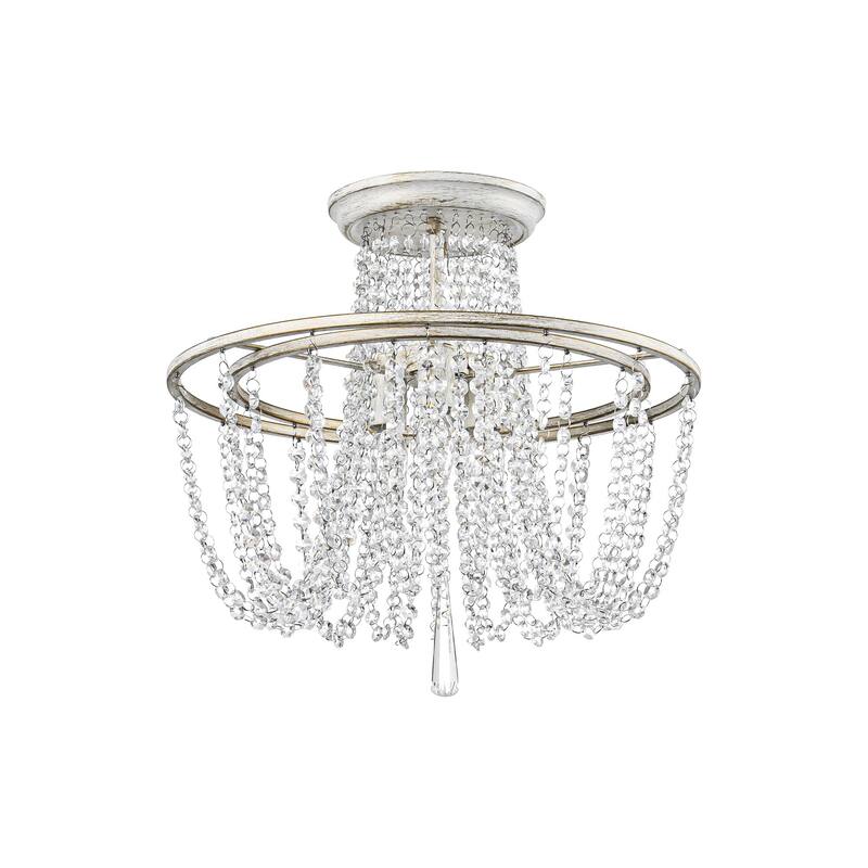 3-Light 17.32" Vintage Antique White Circle Round Crystal Semi-Flush Mount Light - 17.32 in. W x 16.14 in. H