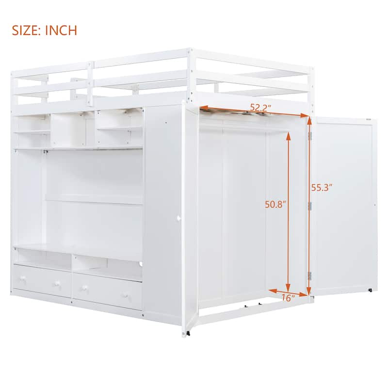 Full Size Loft Bed with TV Stand and Drawers, Teens Kids Storage Bed Frame with Shelves, Wardrobe and LED Light