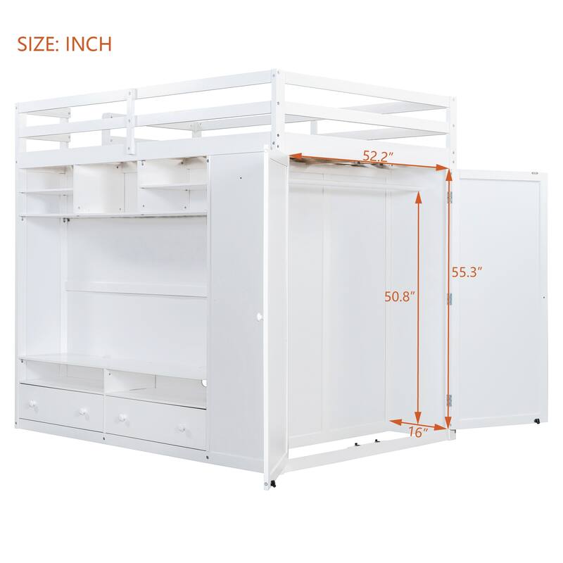 Full size Loft Bed with Drawers, Shelves and Light