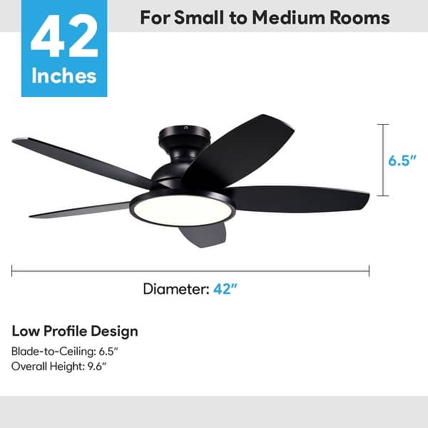 dimension image slide 8 of 9, 5 - Blade Low Profile Flush Mount Modern Ceiling Fan with LED Light and Remote