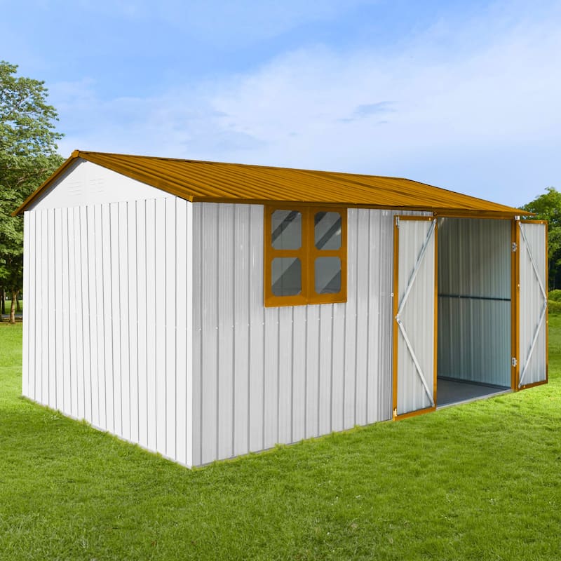 12ftx10ft Metal Garden Sheds Outdoor Storage Sheds White+Yellow with Window