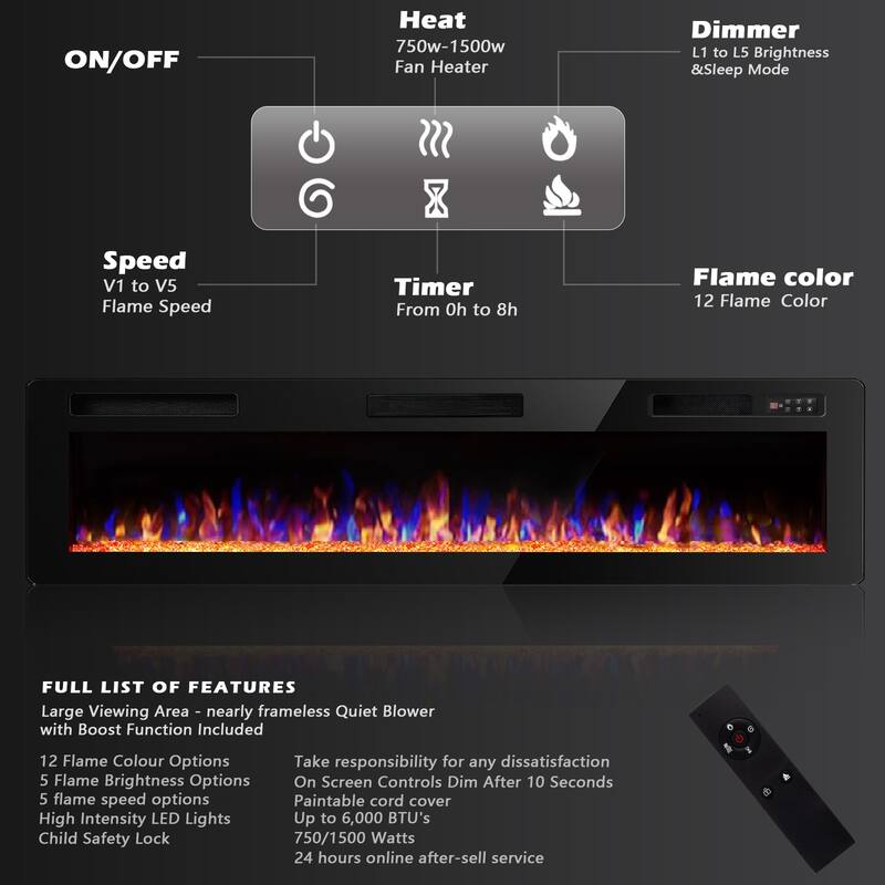 Bossin 30 to 72 inch Electric Fireplace Ultra-Thin and Silence Linear Recessed Wall Mounted Fireplace with Remote Control