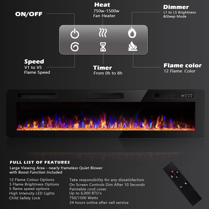 Bossin Electric Fireplace Recessed and Wall Mounted,750/1500W Fireplace Heater and Fireplace with Touch Screen Control Panel