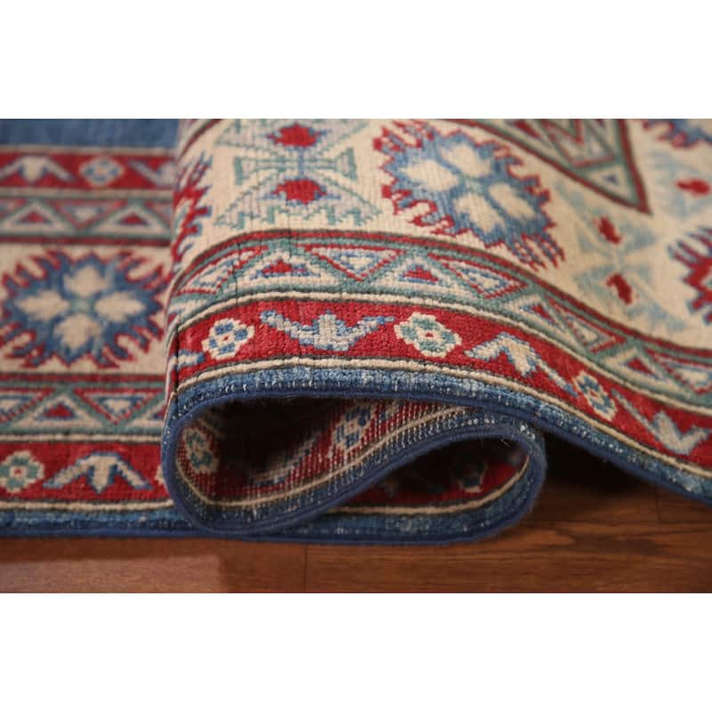 Geometric Kazak Area Rug Hand-Knotted Blue Wool Carpet - 6'7" x 9'8"