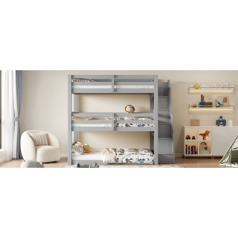 Roomfitters Full Triple Bunk Bed with Storage Staircase, Separable Design