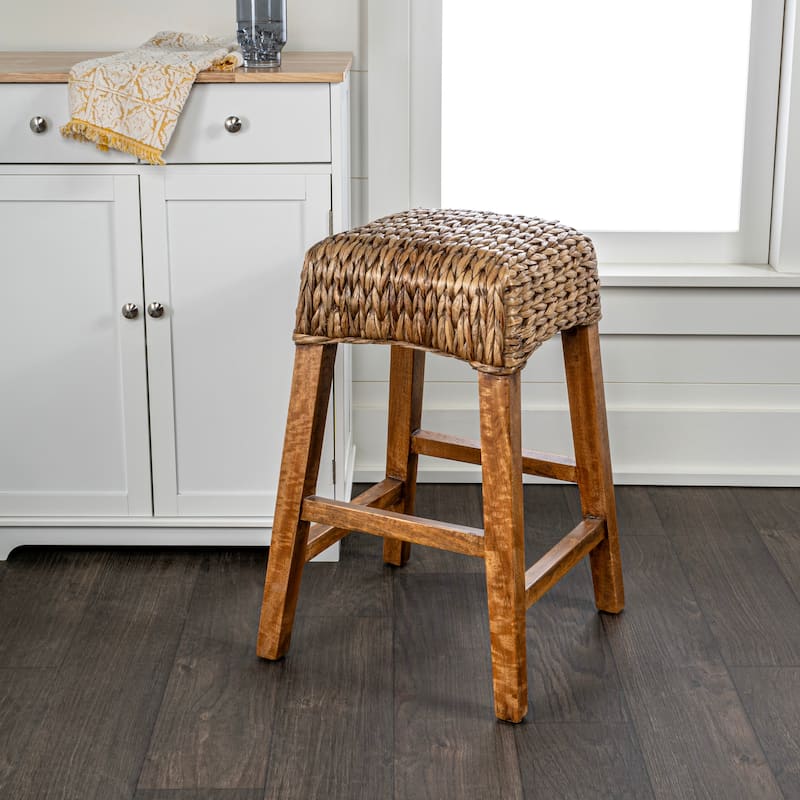 Swayze Rustic Bohemian Hyacinth/Wood Backless Bar Stool, by JONATHAN Y