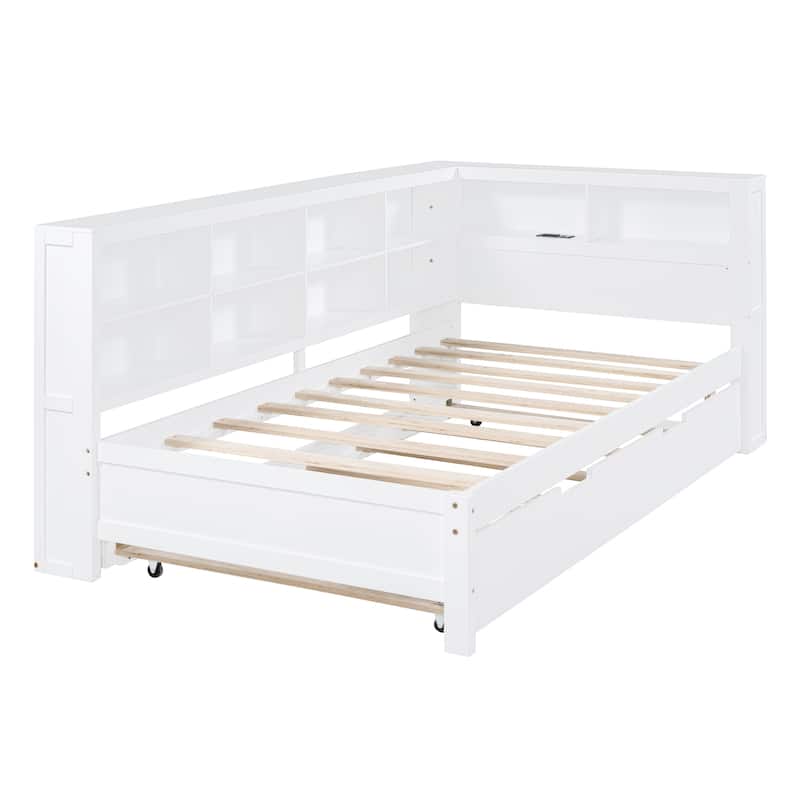 Wood Twin/Full Size DayBed with Twin Trundle, Storage Shelf and USB Charging Ports