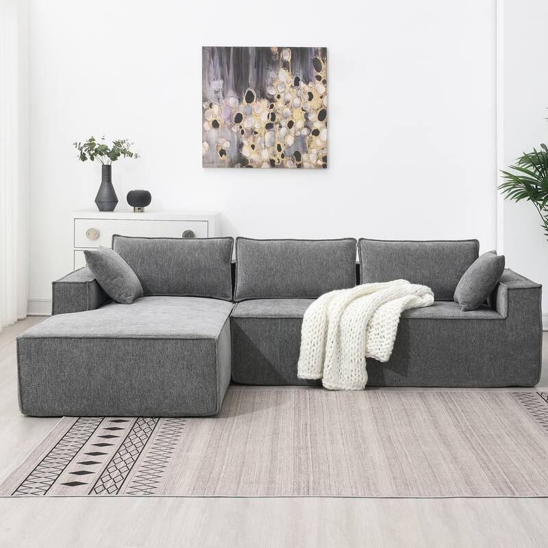 111.5" L-Shaped 4-Seater Modular Sofa with Chaise, 2 Pillows, Wrinkle-Resistant Chenille, and All-Sponge Construction