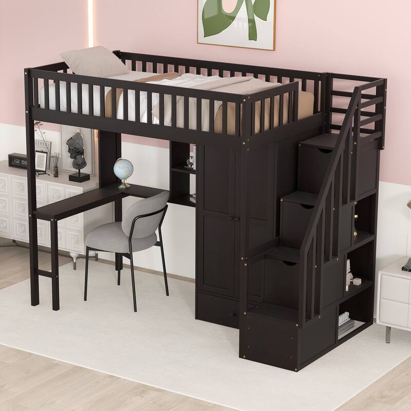 Loft Bed with Bookshelf,Drawers,Desk,and Wardrobe - Espresso - Twin