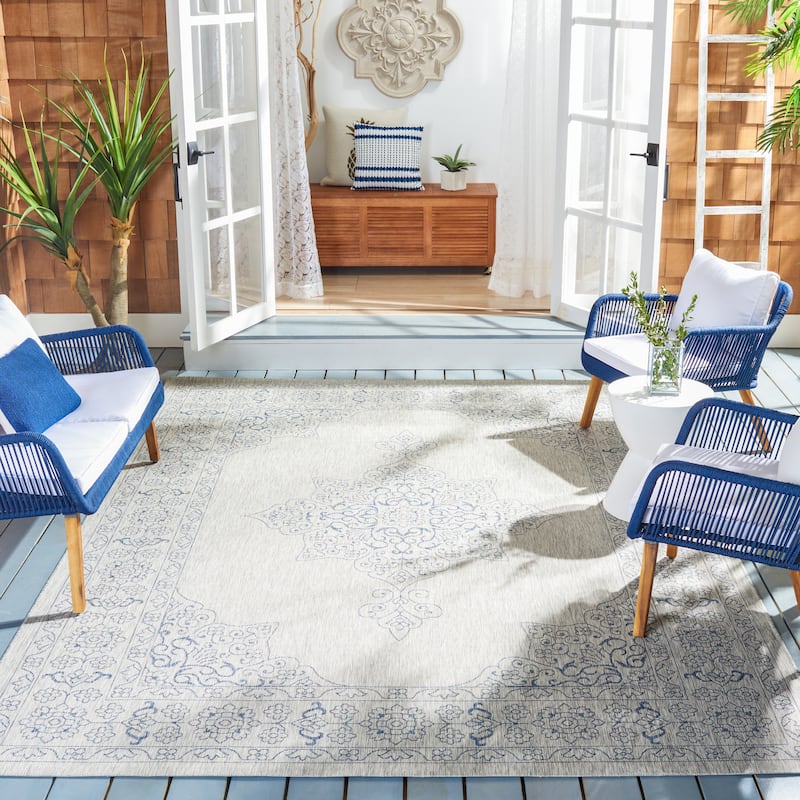 SAFAVIEH Courtyard Maralyn Indoor/ Outdoor Waterproof Patio Backyard Rug - 6'7" x 9'6" - Grey/Navy