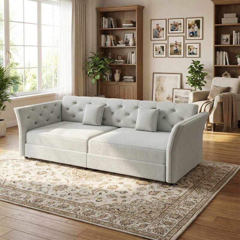 Homy Casa 100"/74" Oversize 4-Seater Convertible Pull Out Sofa Bed with Flower Tufted Velvet