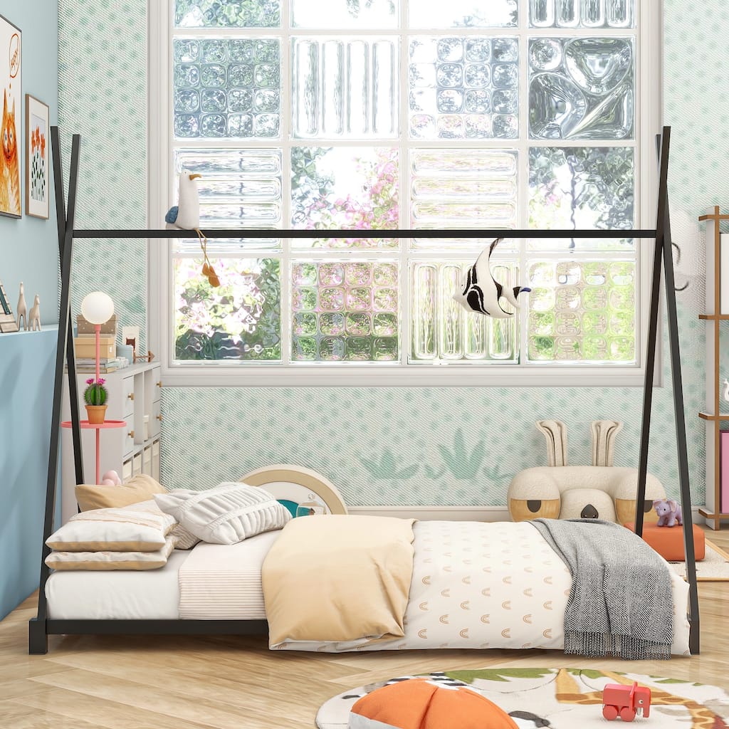 Metal Twin Size House Shaped Platform Bed with Triangle Structure