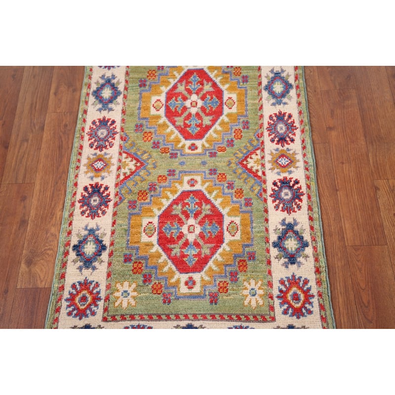 Green Kazak Oriental Accent Rug Hand-Knotted Wool Carpet - 1'11" x 3'1"