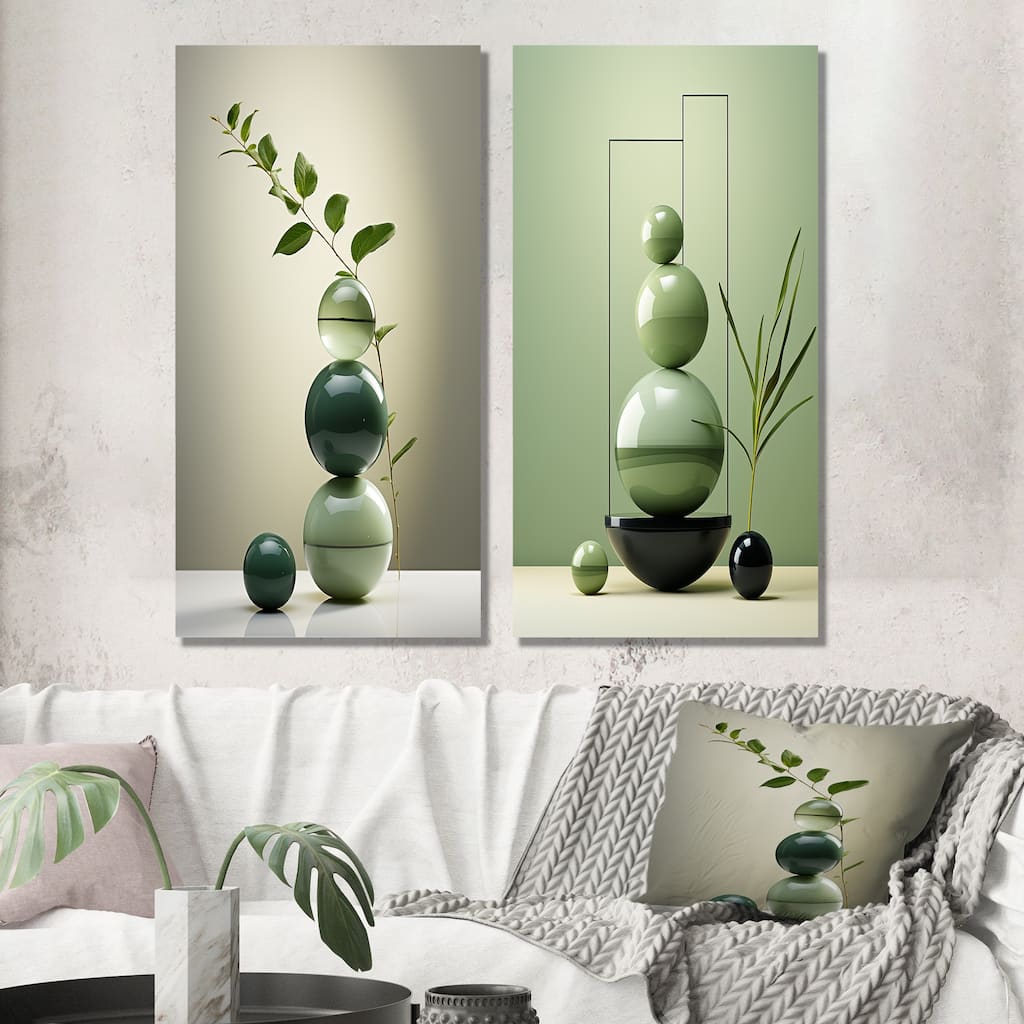 Designart "Green Zen Spiritual Stone I" Spiritual Stone Canvas Set Of 2 - Traditional Green Wall Art Set 2 Pieces