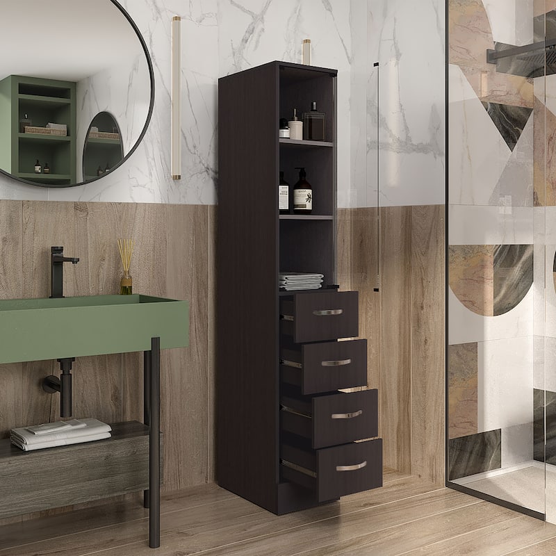 Linen Cabinet 68" H, Three Shelves, Four Drawers and Metal handles