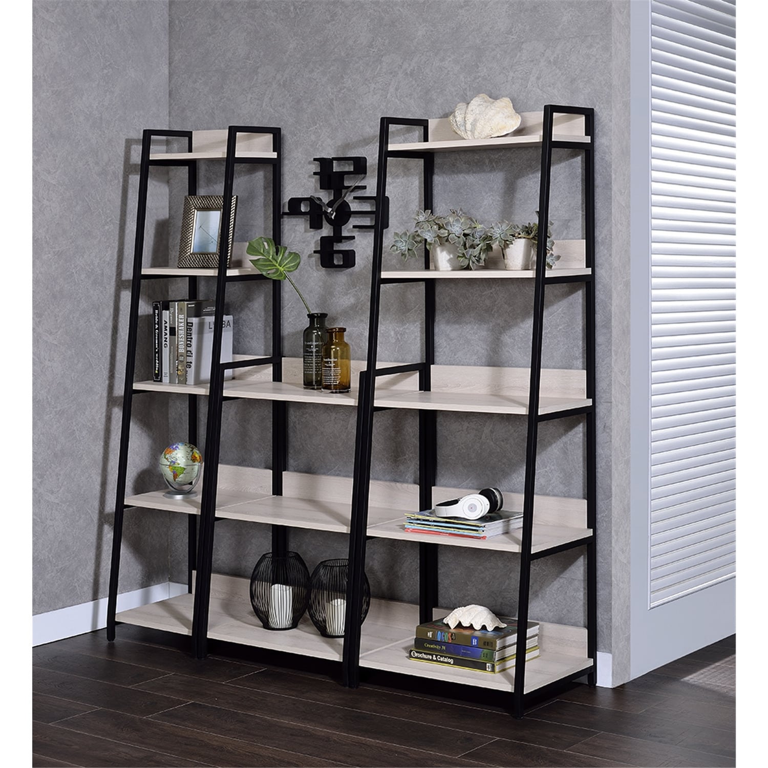 Modern Bookshelf Ladder Design Natural Black Home Storage Unit - 24