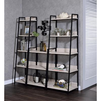 Modern Bookshelf Ladder Design Natural Black Home Storage Unit - 24