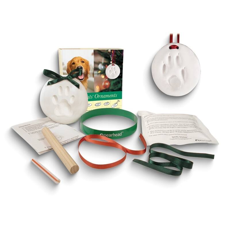 Curata White Paw Print (Red and Green Ribbons) Keepsake Ornament Kit with Clay Tools and Instructions