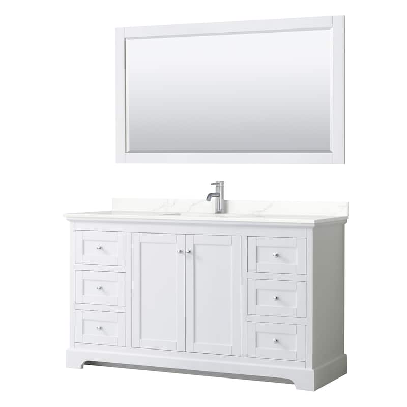 Avery 60-inch Single Vanity, Quartz Top, 58-inch Mirror - White, Chrome Trim, Giotto Quartz Top