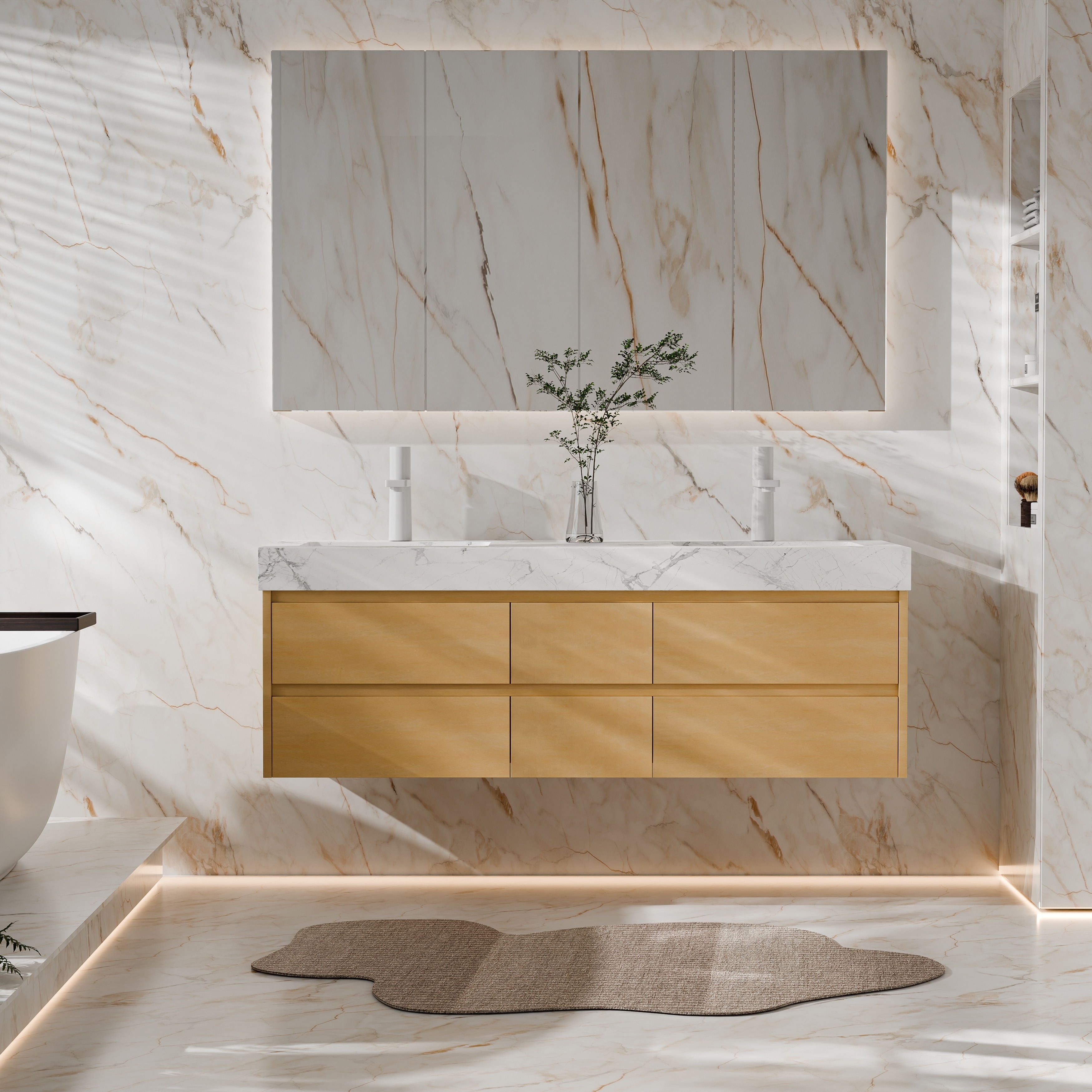 60 Inch Floating Wall-Mount Double Bathroom Vanity with Sink, Handleless Flat Panel and Ambient Lighting, Maple - 60 inch