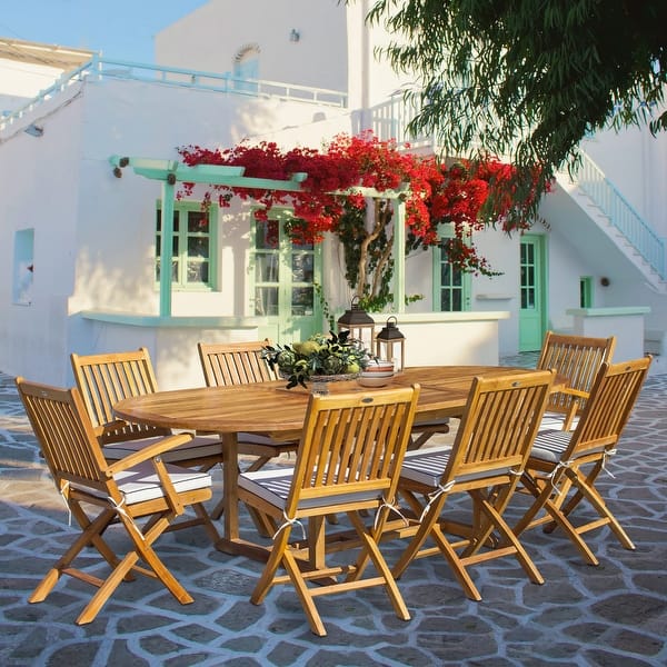 slide 2 of 8, Seven Seas Teak 9 Piece Teak Wood Santa Monica Patio Dining Set with Oval Extension Table, 8 Folding Arm & Side Chairs