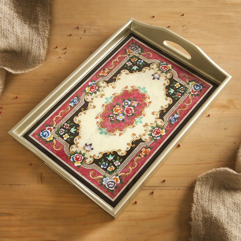 Novica Handmade Heavenly Bouquet In Silver Reverse Painted Glass Tray