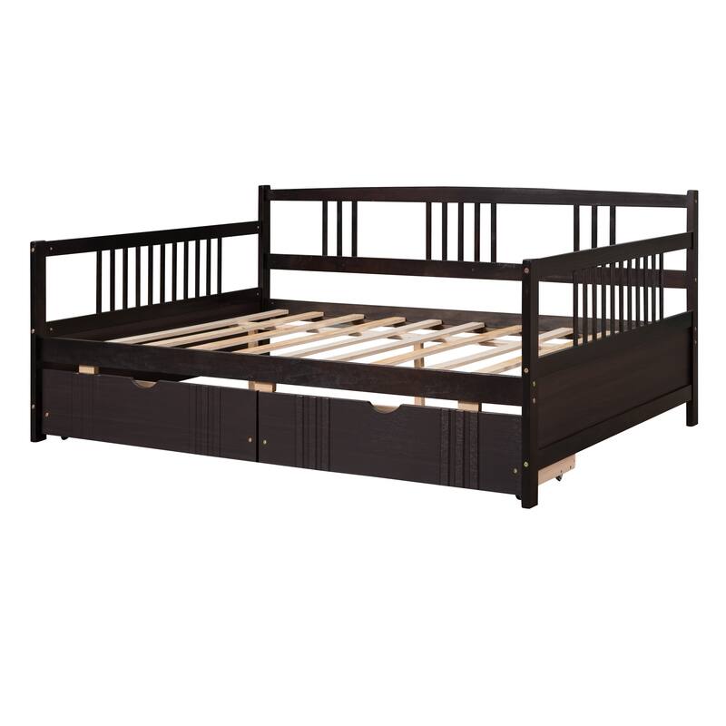 Full Size Daybed Frame with Storage Drawers, Wood Full Bed with 2 Drawers, Full Sofa Bed for Living Room, Bedroom