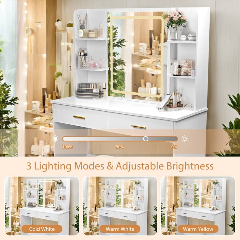 Makeup Vanity with Power Outlet & Cushioned Stool