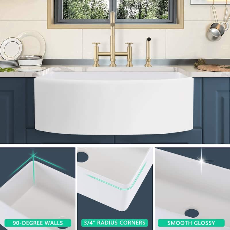 PROOX 33" W X 20" D Fireclay Kitchen Farmhouse Sink with Drainer and Cutting Board Accessories - 33" W X 20" D