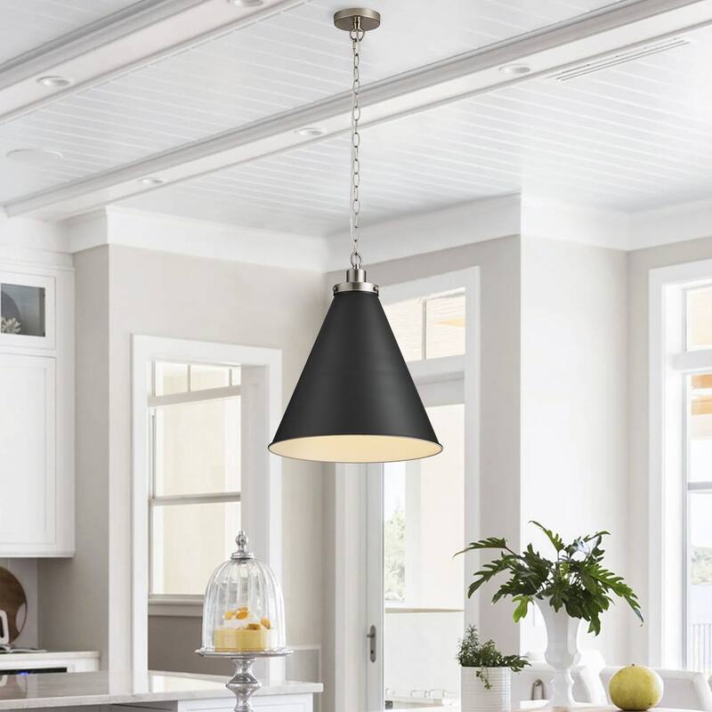 Modern Brushed Nickel 1-Light Single Cone Metal Hanging Lamp for Kitchen Island - Black