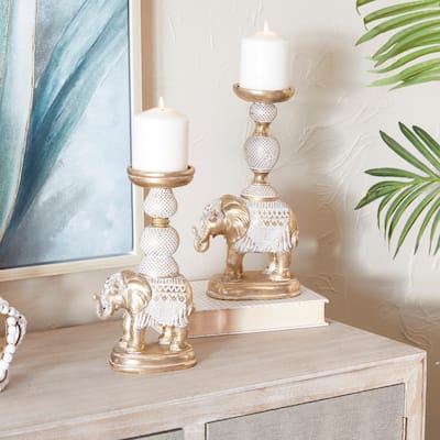 White Polystone Elephant Candle Holder with White Wash Finish (Set of 2) - 7 x 4 x 13