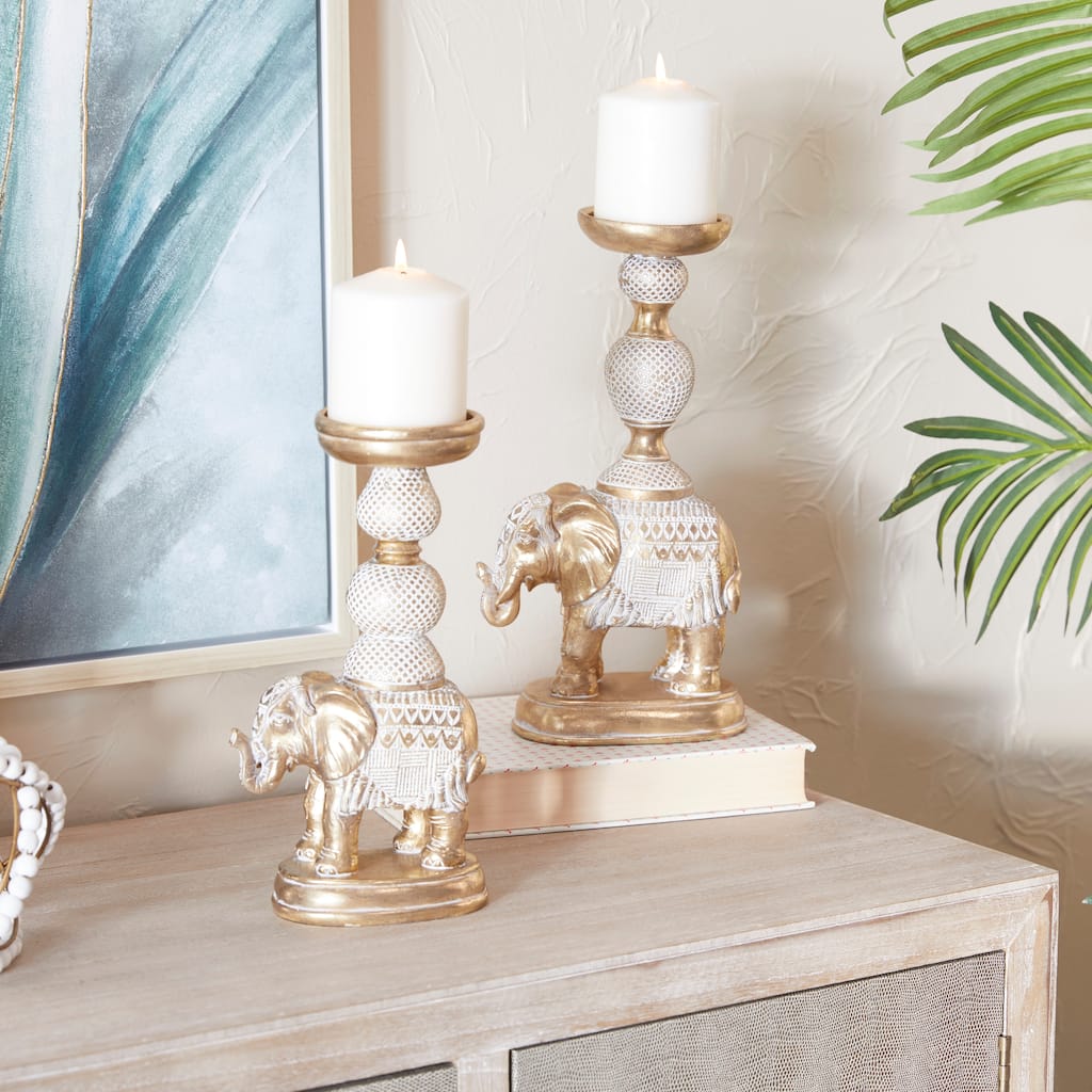 White Polystone Elephant Candle Holder with White Wash Finish (Set of 2) - 7 x 4 x 13