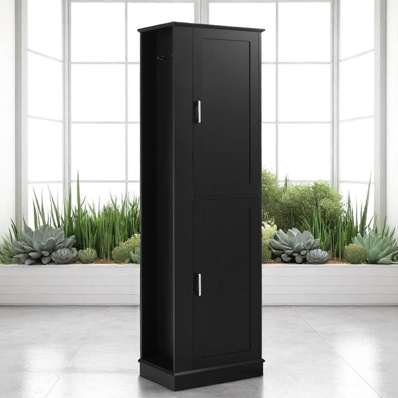 68-Inch Tall Bathroom Storage Cabinet with 2 Doors, Adjustable Shelves, Side Hooks & Anti-Tip Kit, Freestanding Organizer, Black