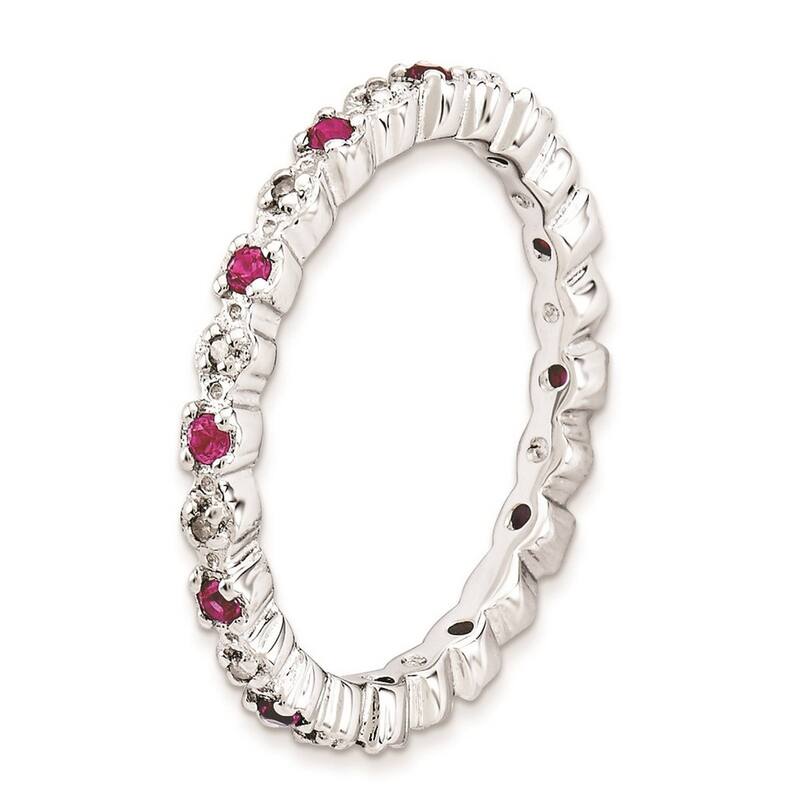Curata 925 Sterling Silver Polished Prong set Stackable Expressions Cr. Ruby and Diamond Ring