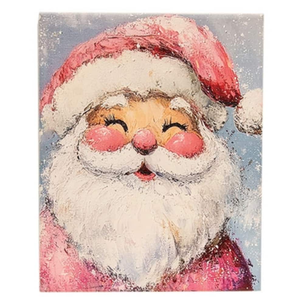 Jolly Santa Canvas Art Pink White Suit Wooden Frame Christmas Wall Decoration - 10" H x 8" W x .75" D