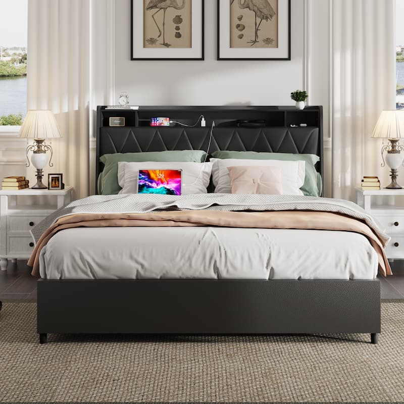 Queen Bed Frame with Ergonomic Headboard