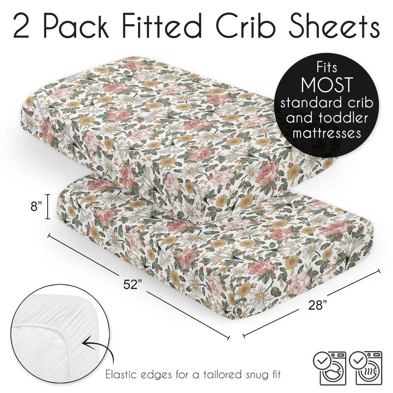 Sweet Jojo Designs Vintage Floral Boho Girl 2p Fitted Crib Sheets Bohemian Shabby Chic Farmhouse Wildflower Leaf Green White