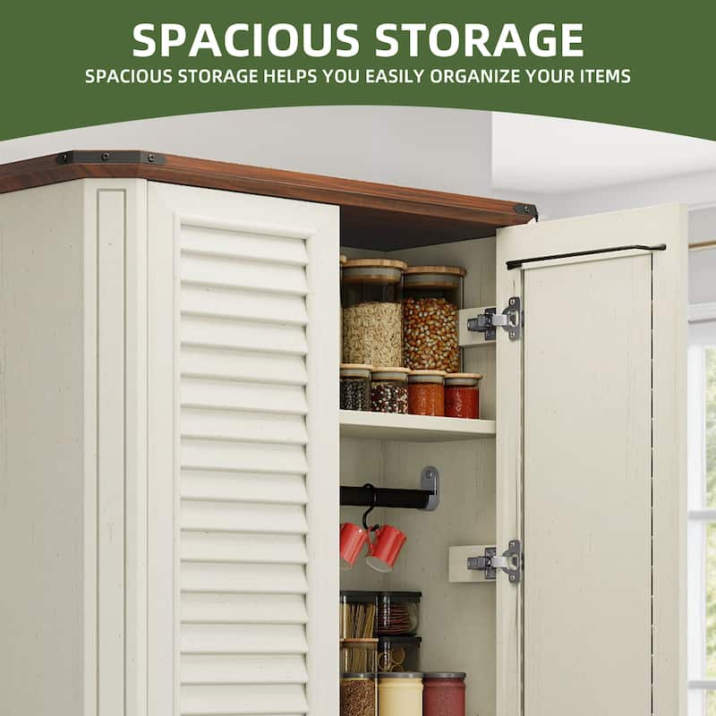 Moasis Farmhouse Pantry Cabinet 4-Tier Storage Cabinet with 2 Magnetic Doors and Adjustable Shelves&Hooks
