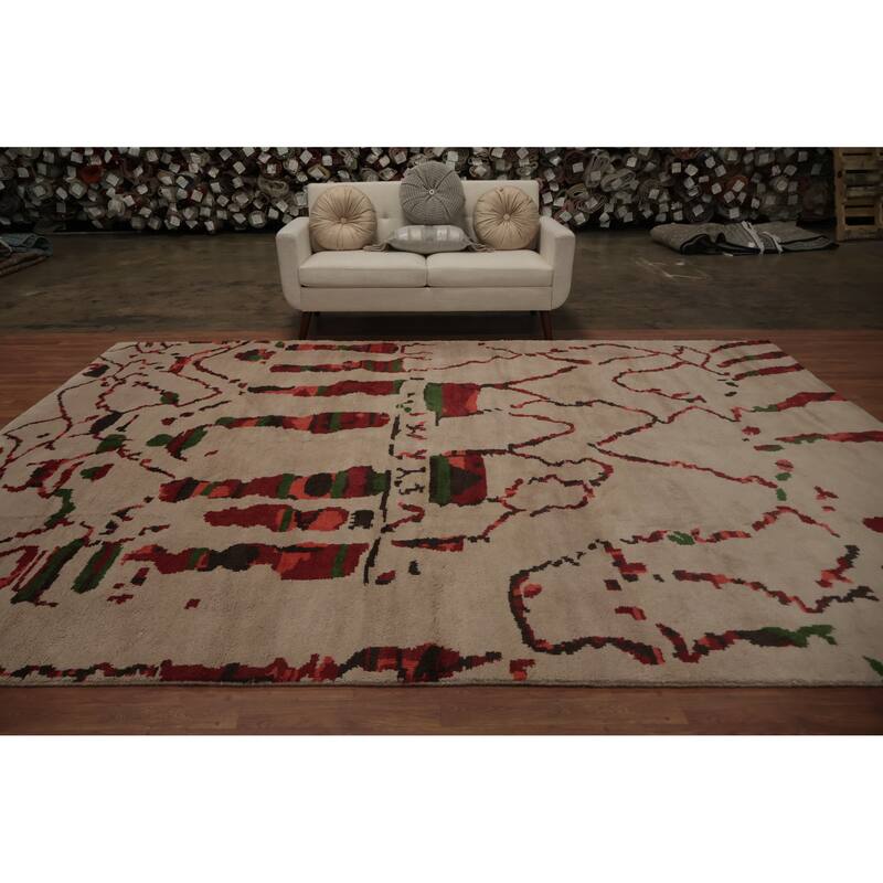Hand Knotted Oriental 100% Wool Carpet Modern Abstract Beige & Ivories Moroccan Area Rug - 12' 4'' X 9' 2''