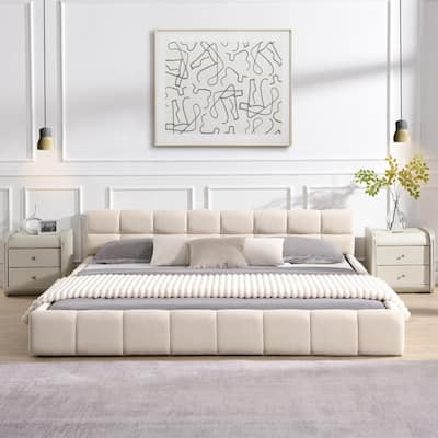 Elegant Beige Chenille Upholstered Bed with Checkerboard Pattern