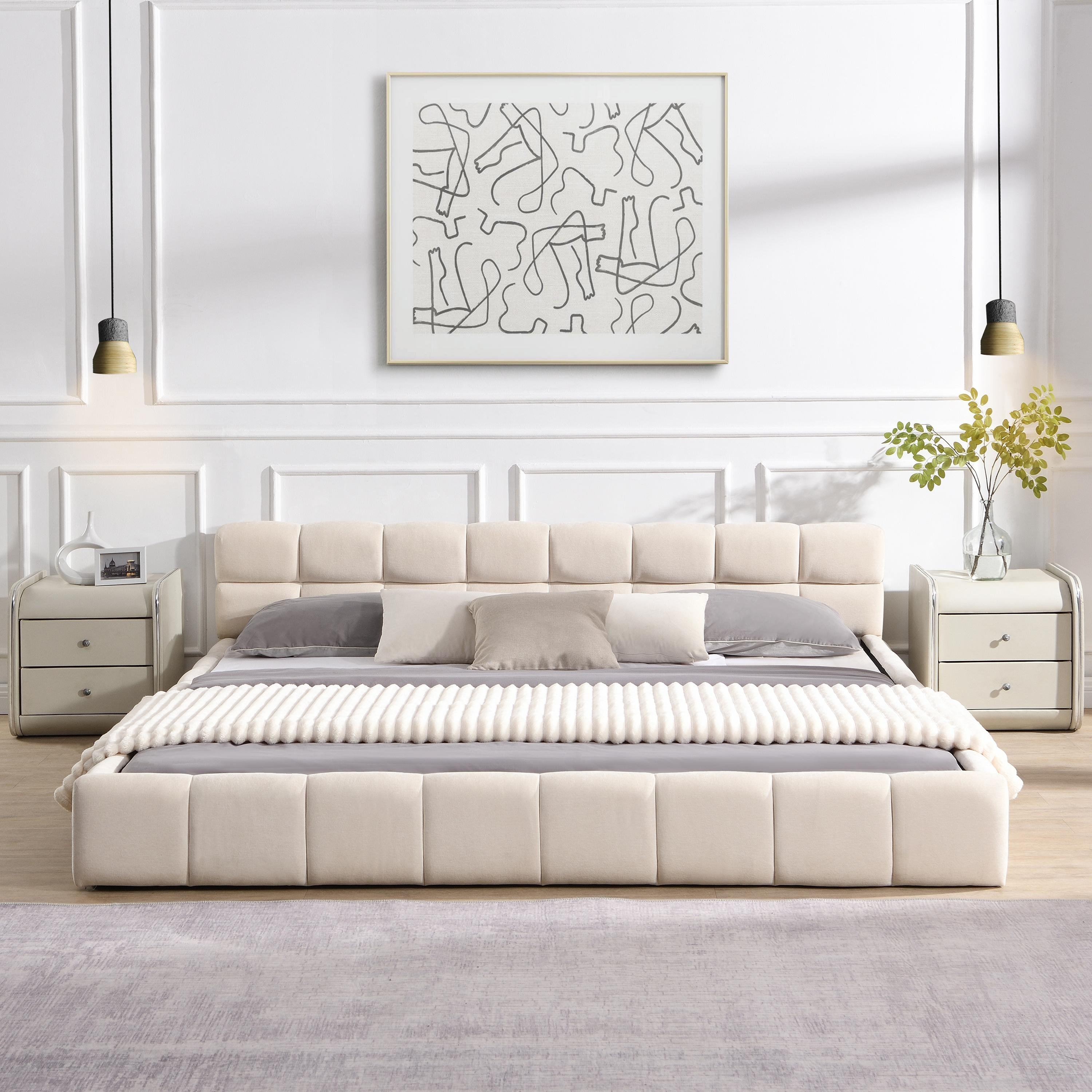 Elegant Beige Chenille Upholstered Bed with Checkerboard Pattern