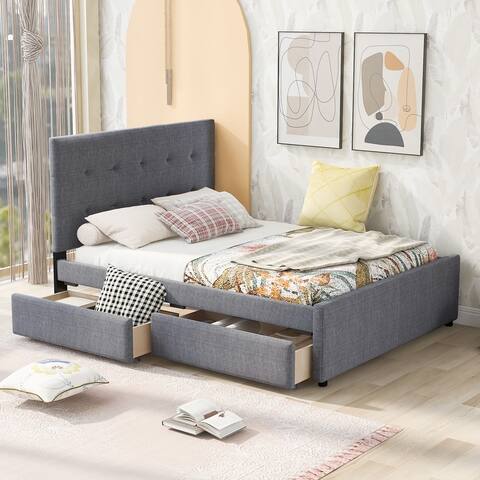 Compact Panel Bed Linen Upholstered Platform Bed with 2 Drawers&Tufted Headboard