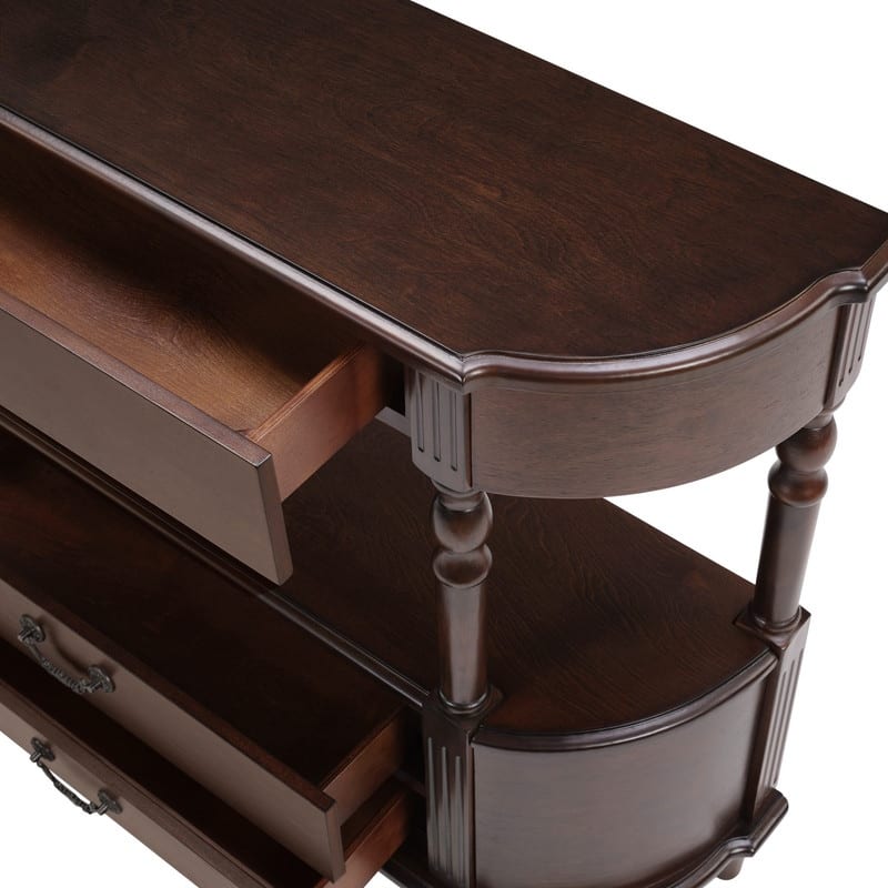 Retro 43" Curved Wood Console Table with 3 Drawers and Open Shelf, Sofa Table Behind Couch for Living Room and Hallway Storage