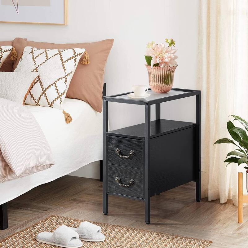 Industrial 2-Drawer Tempered Glass Narrow Nightstands /End Side Tables - Black